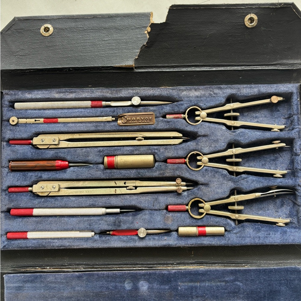 Charvos 877-P Drafting tool complete set made in USA vintage, velvet lined box